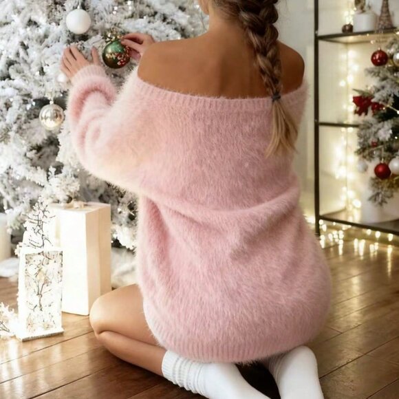 Pink Casual Women's Faux Fur Knit Loose Pullover Sweater - Picture 2 of 8